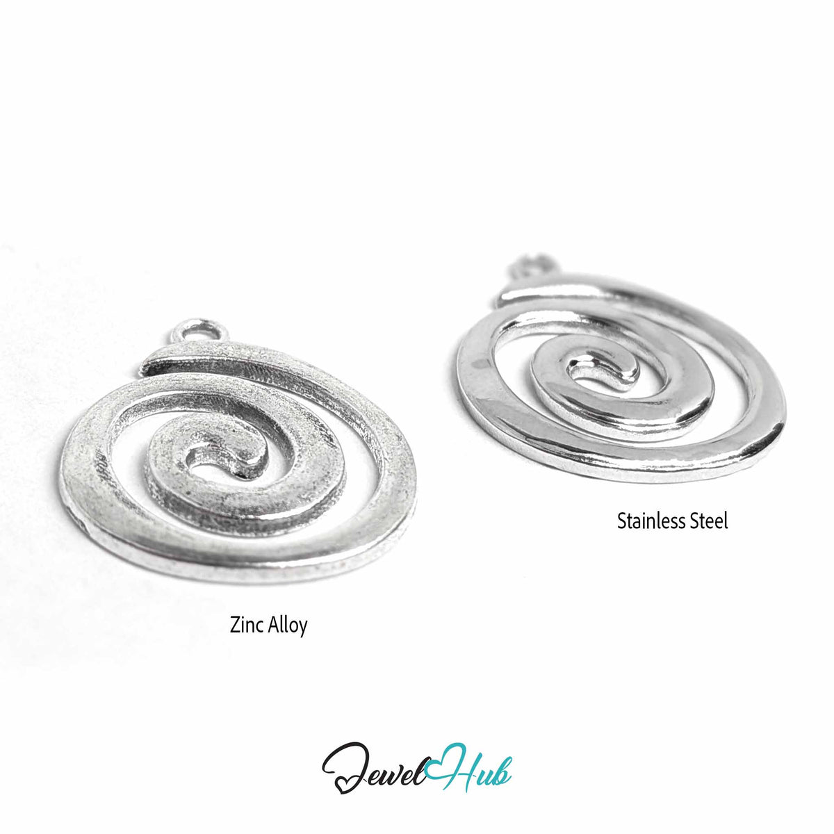 Two spiral-shaped jewelry pendants on a white background, labeled 'Zinc Alloy' and 'Stainless Steel,' with a 'JewelHub' logo at the bottom.