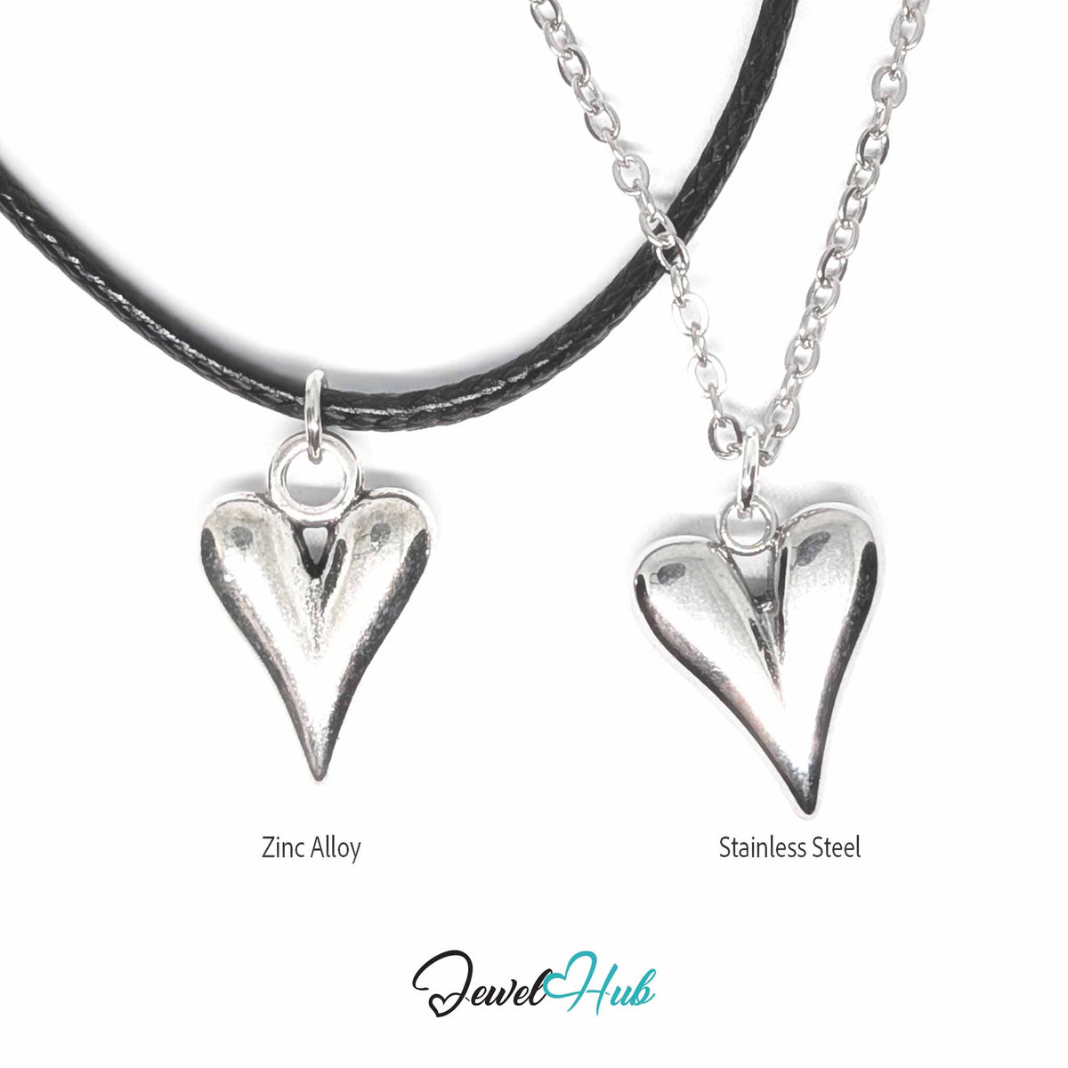 Zinc alloy heart pendant on black faux leather cord beside stainless steel heart pendant on chain - JewelHub