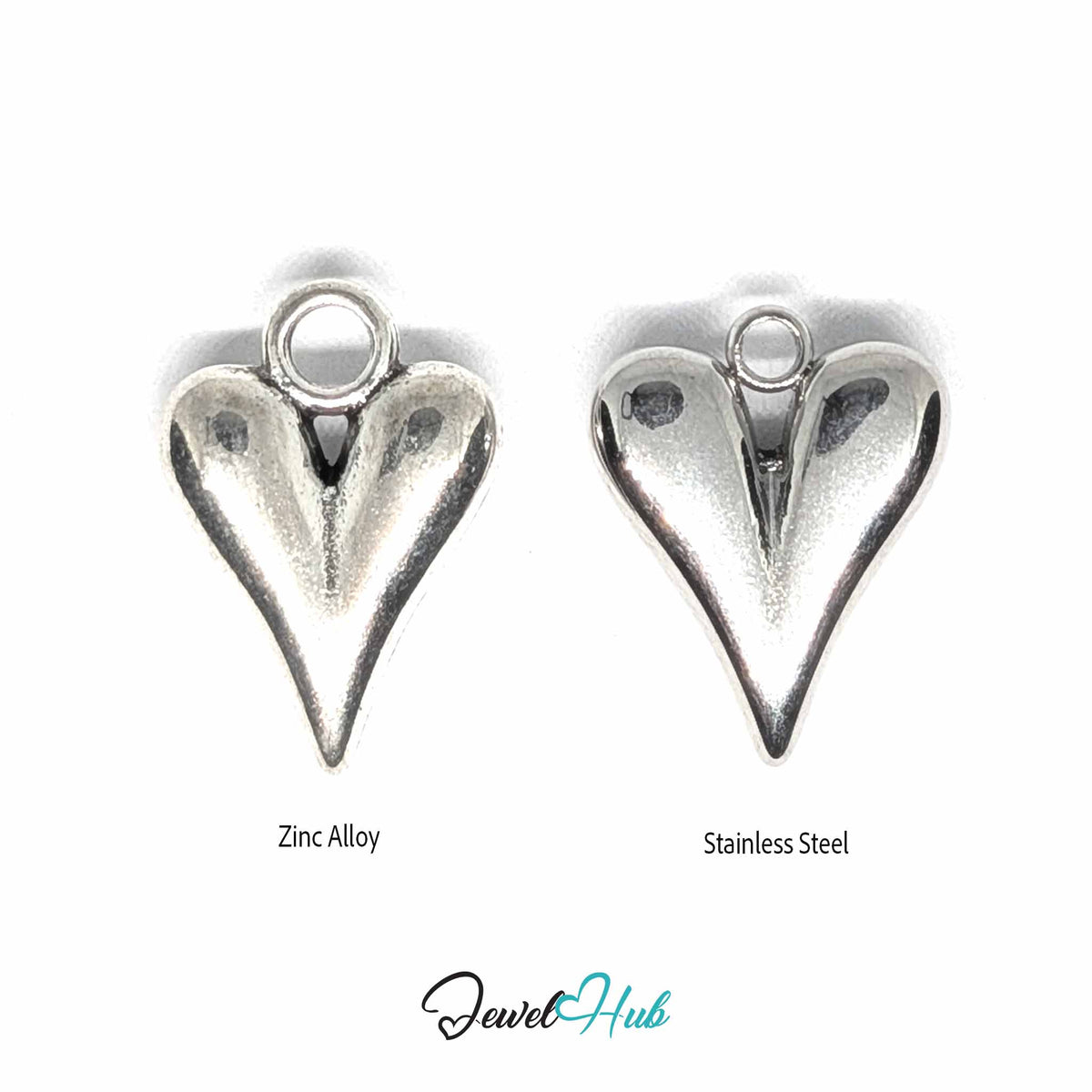Two heart pendants side by side: zinc alloy on the left, stainless steel on the right, flat view - JewelHub