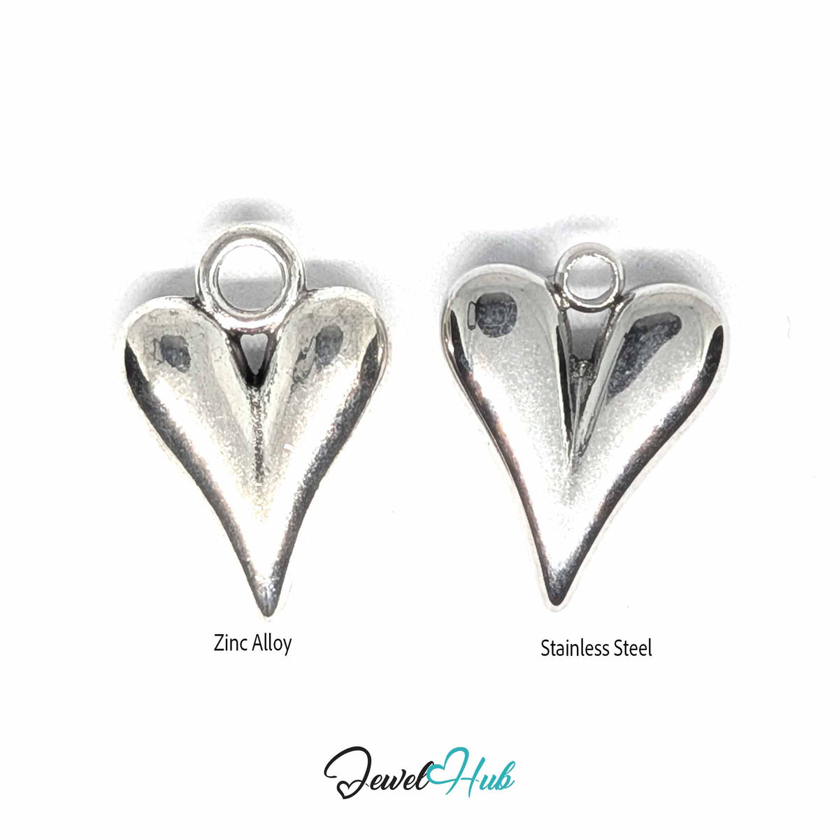 Zinc alloy and stainless steel heart pendants compared flat, showing the difference in shine and size - JewelHub
