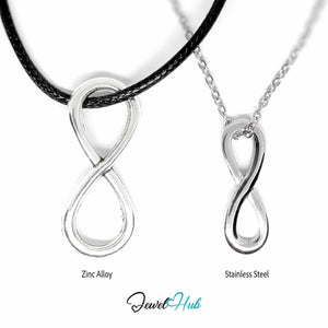Zinc alloy infinity pendant on black faux leather cord beside smaller stainless steel infinity pendant on chain - JewelHub