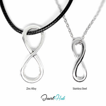 Zinc alloy infinity pendant on black faux leather cord beside smaller stainless steel infinity pendant on chain - JewelHub