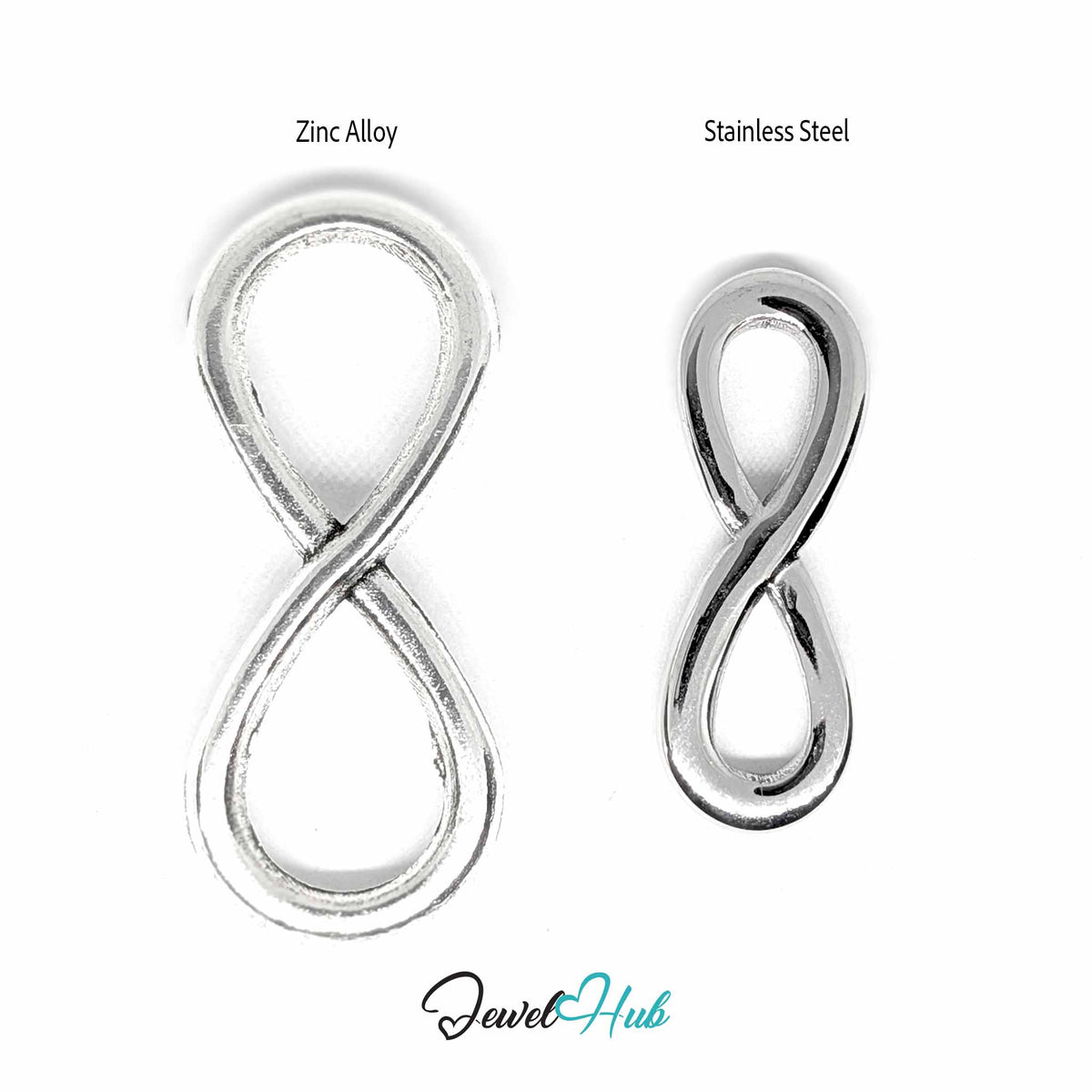 Larger zinc alloy infinity pendant beside smaller stainless steel infinity pendant, flat size comparison - JewelHub