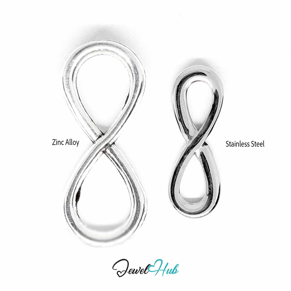 Zinc alloy and stainless steel infinity pendants side by side, showing the difference in width and shine - JewelHub