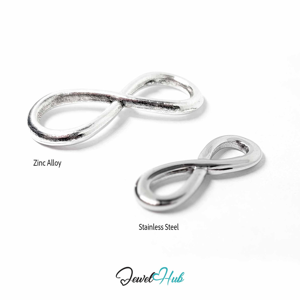 Zinc alloy and stainless steel infinity pendants lying on their sides, showing thickness and polished finish - JewelHub
