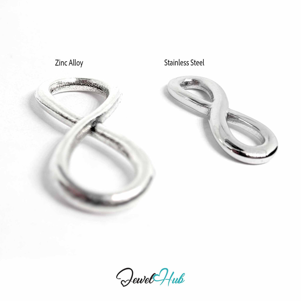 Zinc alloy and stainless steel infinity pendants at a three-quarter angle, showing curves and surface - JewelHub
