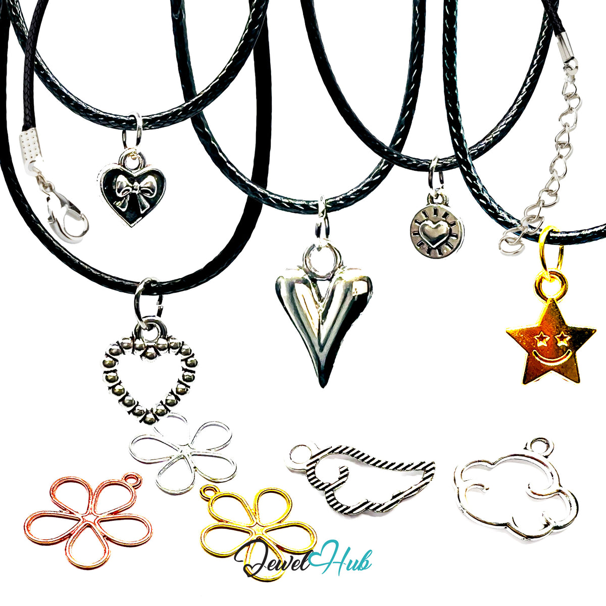 Zinc alloy MiniCharm symbols in silver, gold and rose gold laid out with black faux leather cord bracelets