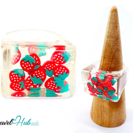 🍓 Big Screen Strawberry Resin Ring – US P · US 8 · Giant Series · Sculptural · Handcrafted CT