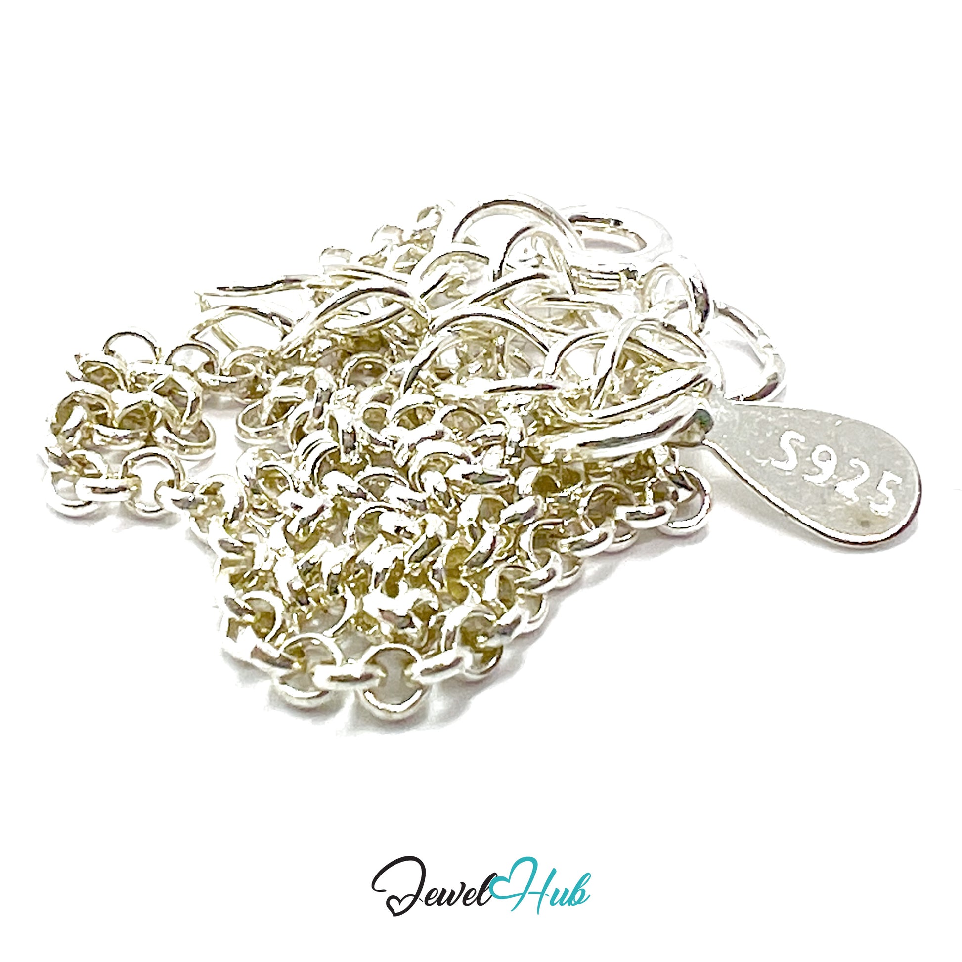 Silver chain necklace with '925' stamp on a white background, featuring the brand 'Jewel Hub'.