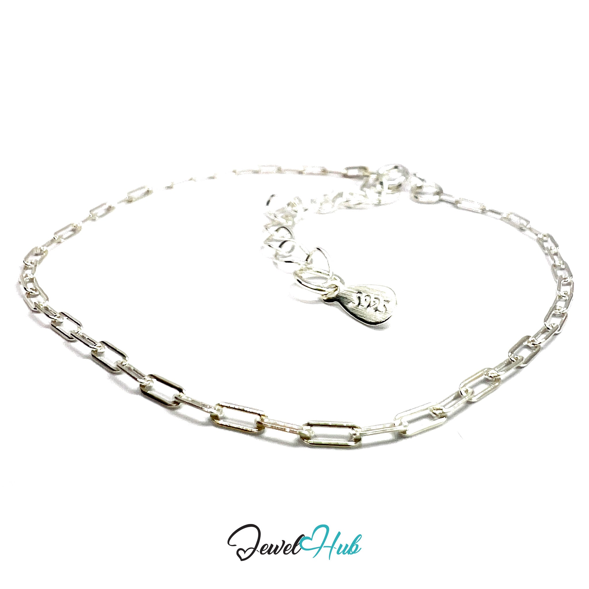 Silver chain bracelet with a heart charm on a white background, branded 'Jewel Hub'.