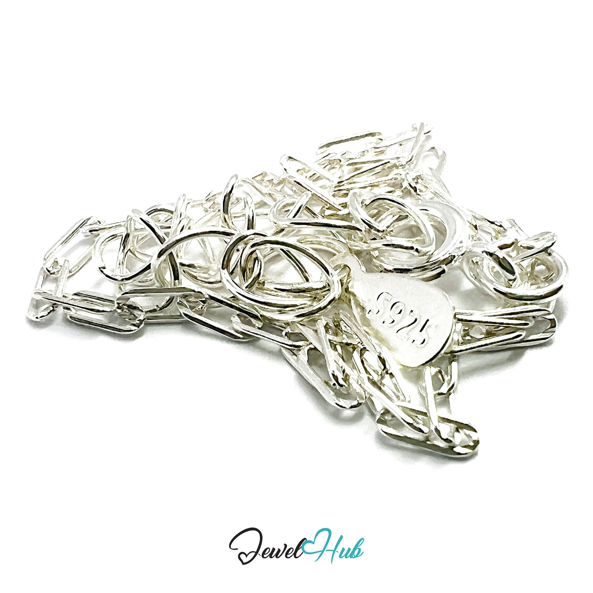 Stack of silver jump rings with a heart-shaped tag on a white background, branded 'Jewel Hub'.