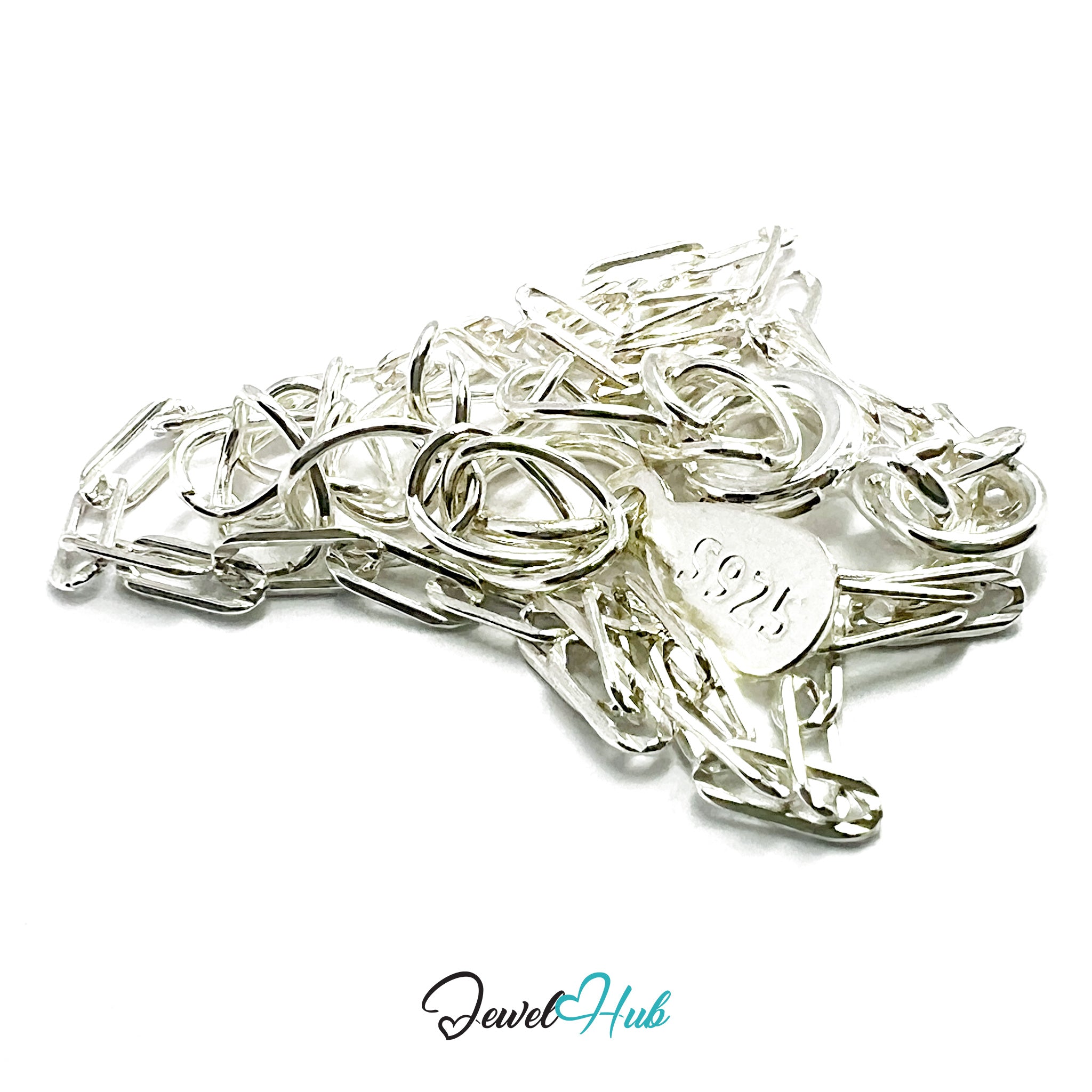 Stack of silver jump rings with a heart-shaped tag on a white background, branded 'Jewel Hub'.