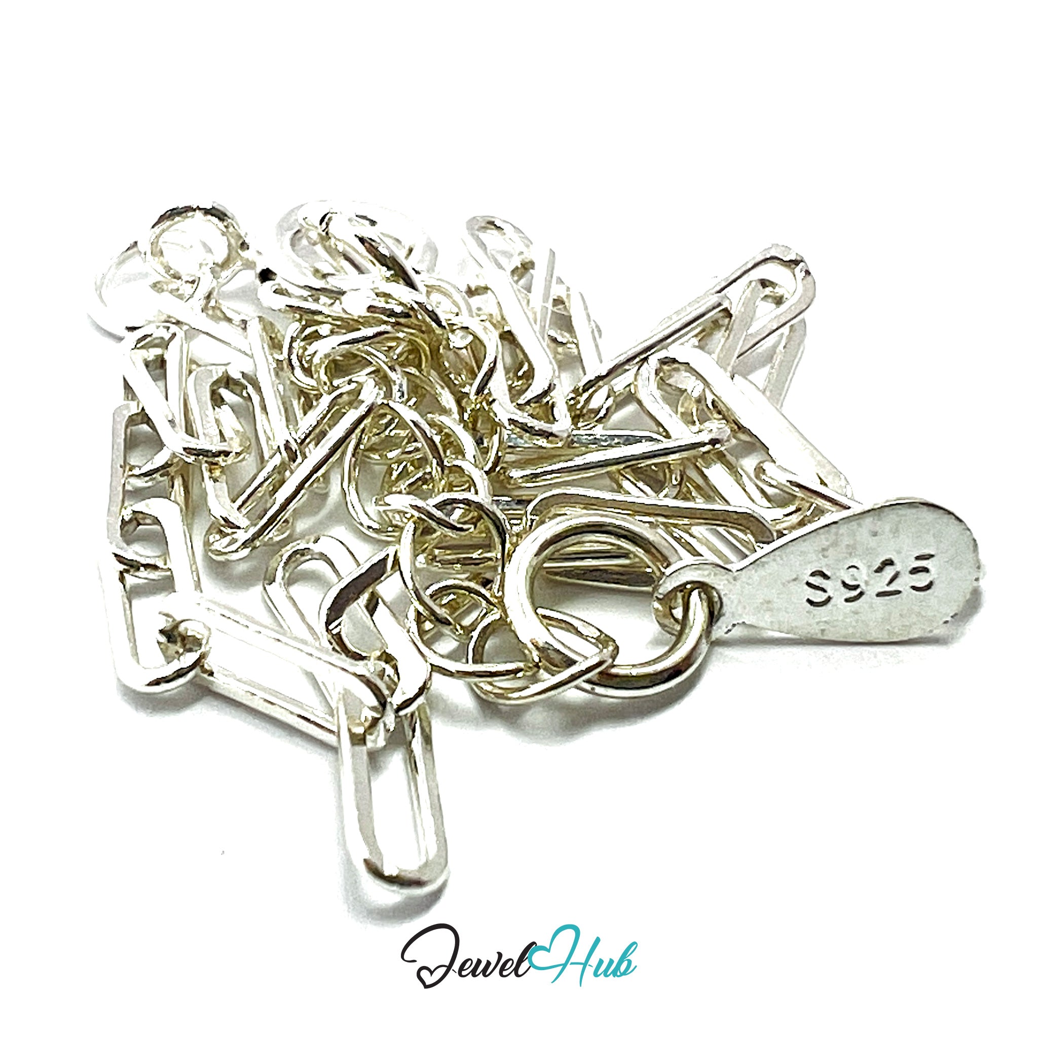 Silver chain links with '925' stamp on a white background, branded 'Jewel Hub'.
