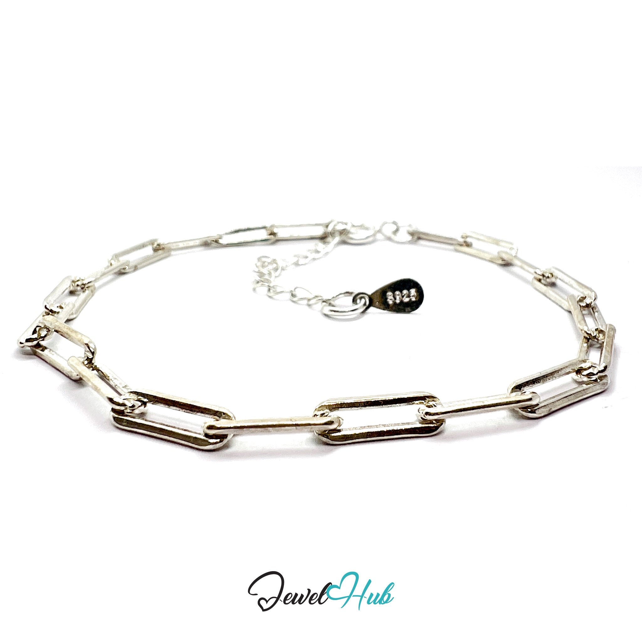 Silver chain bracelet on a white background with 'Jewel Hub' branding.