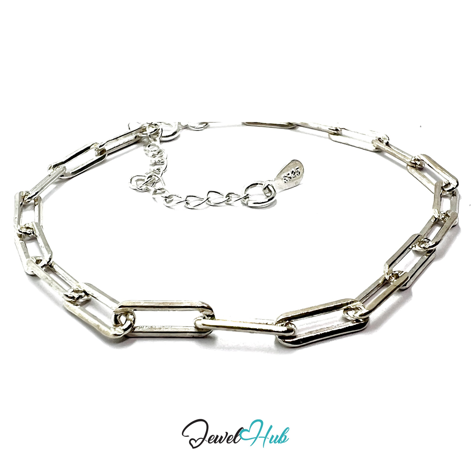 Silver bracelet on a white background with 'Jewel Hub' branding.