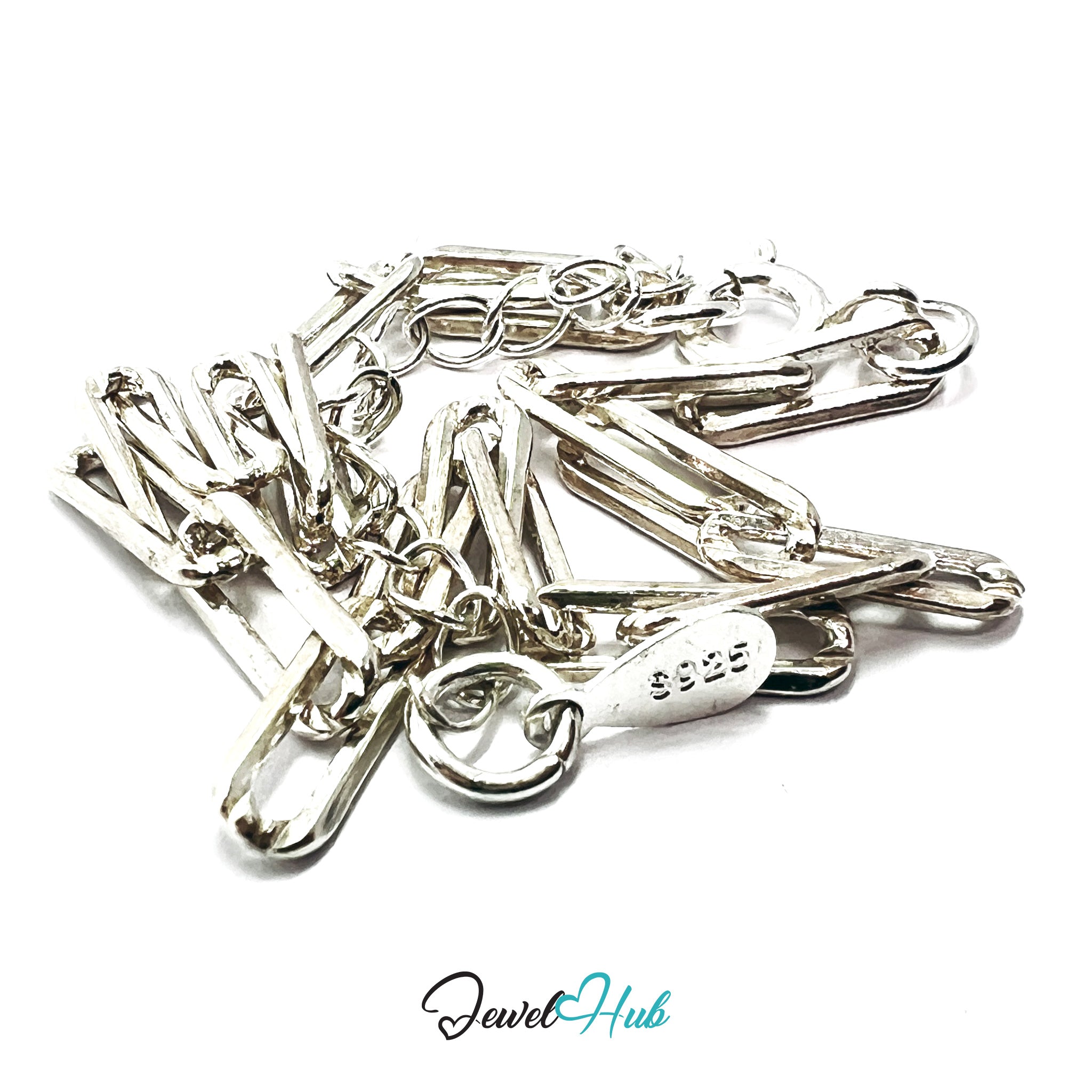 Silver safety pins with '925' stamp on a white background, branded 'Jewel Hub'.