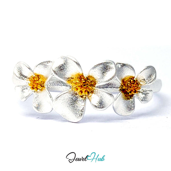 Three Flower Ring in 925 sterling silver, three brushed blooms with gold-tone centres, front view