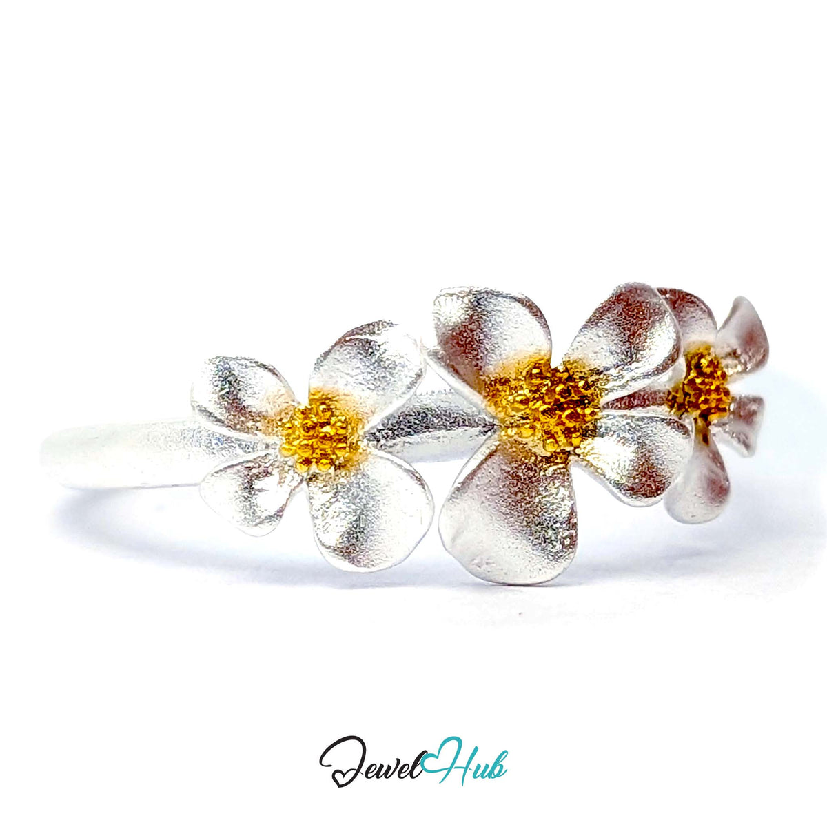Three Flower Ring front view, all three blooms across the 18.6mm flower panel