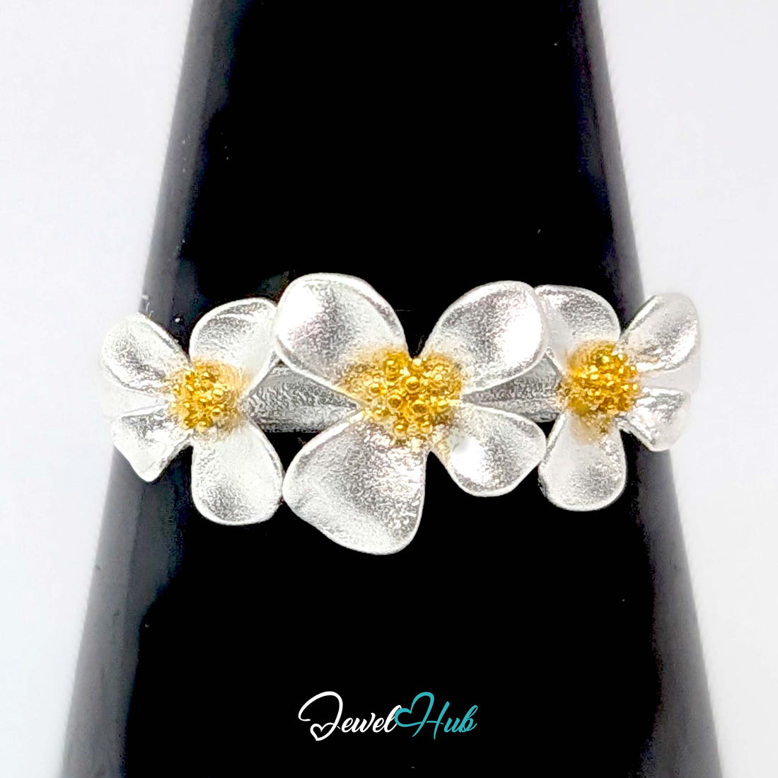 Three Flower Ring in 925 sterling silver, three brushed blooms with gold-tone centres, front view