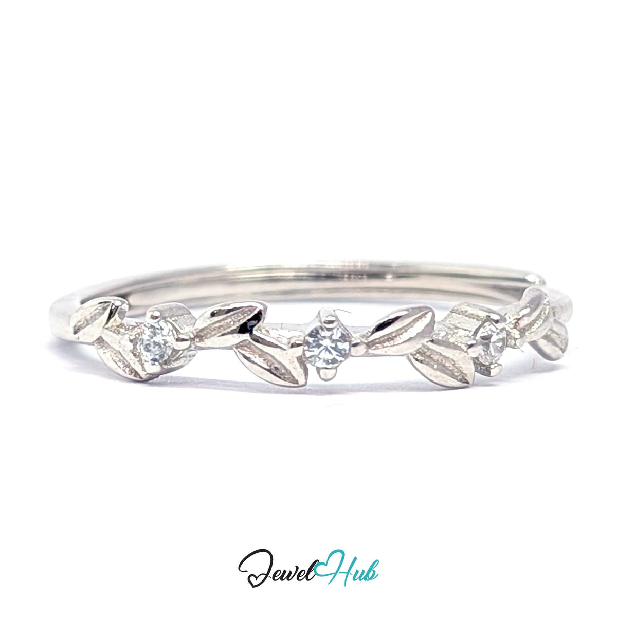 Leaf Vine Ring in 999 fine silver, pointed leaves alternating with three clear zirconia