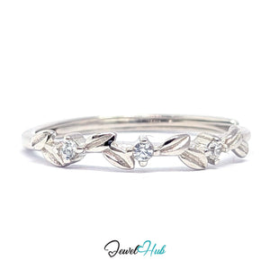 Leaf Vine Ring in 999 fine silver, pointed leaves alternating with three clear zirconia