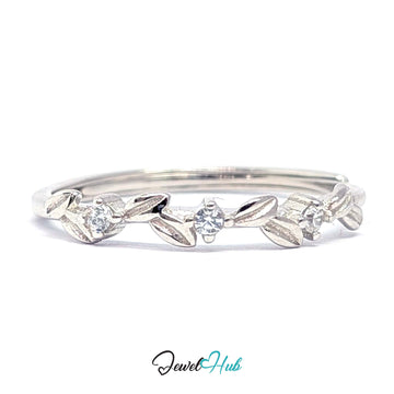 Leaf Vine Ring in 999 fine silver, pointed leaves alternating with three clear zirconia