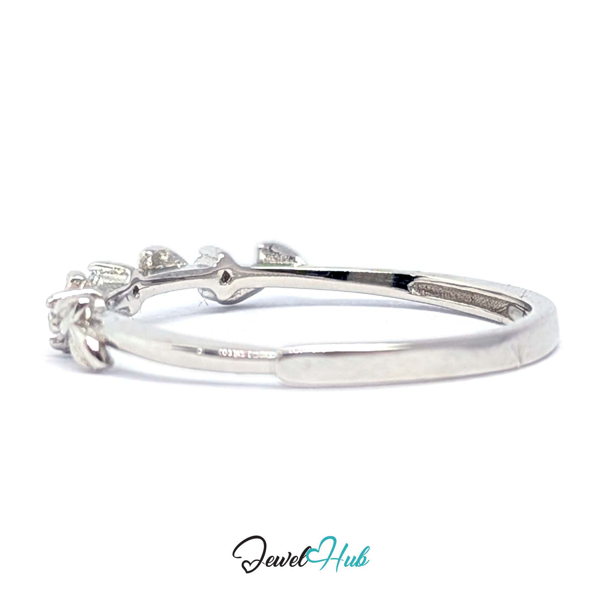 Side view of the Leaf Vine Ring showing the slim polished fine silver band