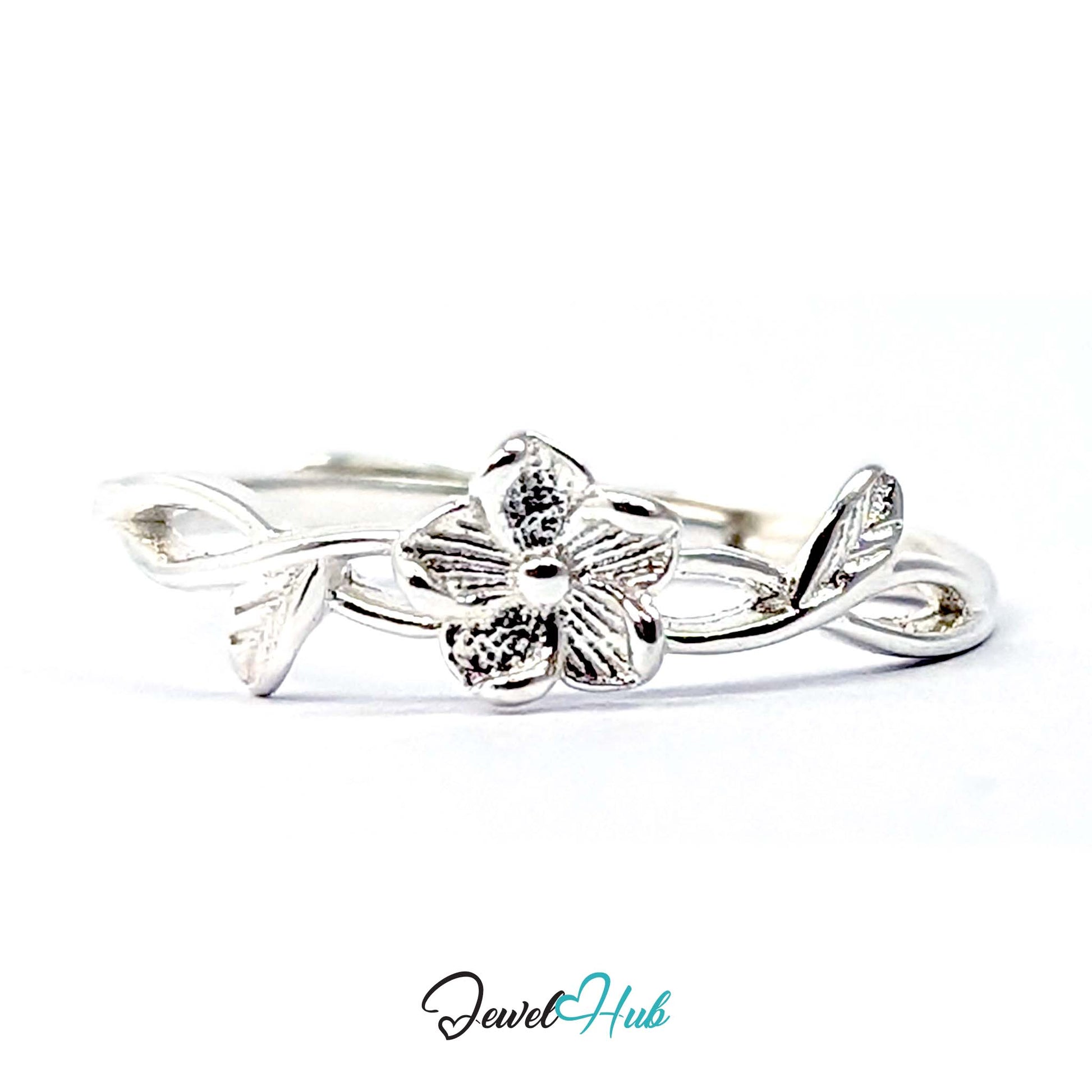 Peach Blossom Vine Ring in 999 fine silver, a single 5mm bloom with side leaves