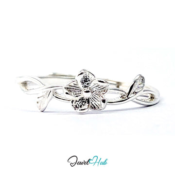 Peach Blossom Vine Ring in 999 fine silver, a single 5mm bloom with side leaves