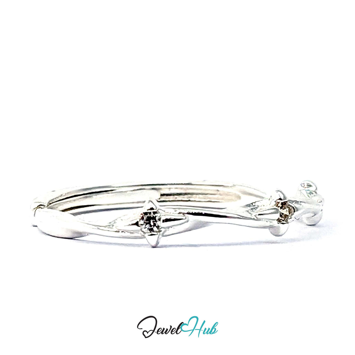 Close view of the 1.8mm clear zirconia set into the tapering silver band