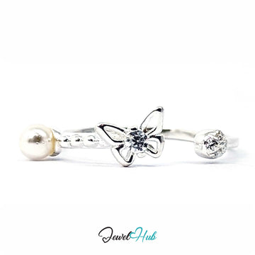 925 sterling silver butterfly ring with a faux pearl at one end and a clear crystal at the other - JewelHub