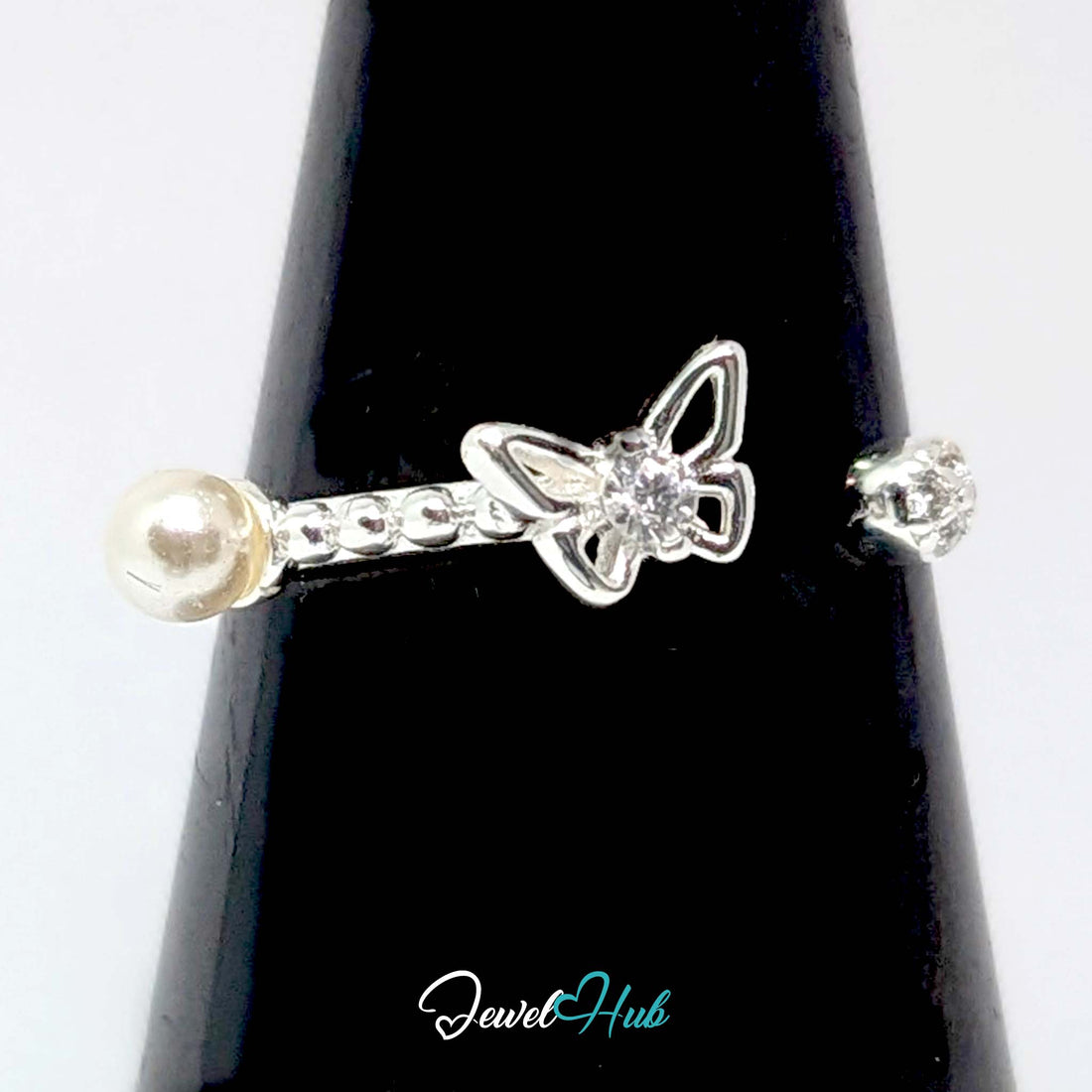 925 sterling silver butterfly ring with a faux pearl at one end and a clear crystal at the other - JewelHub