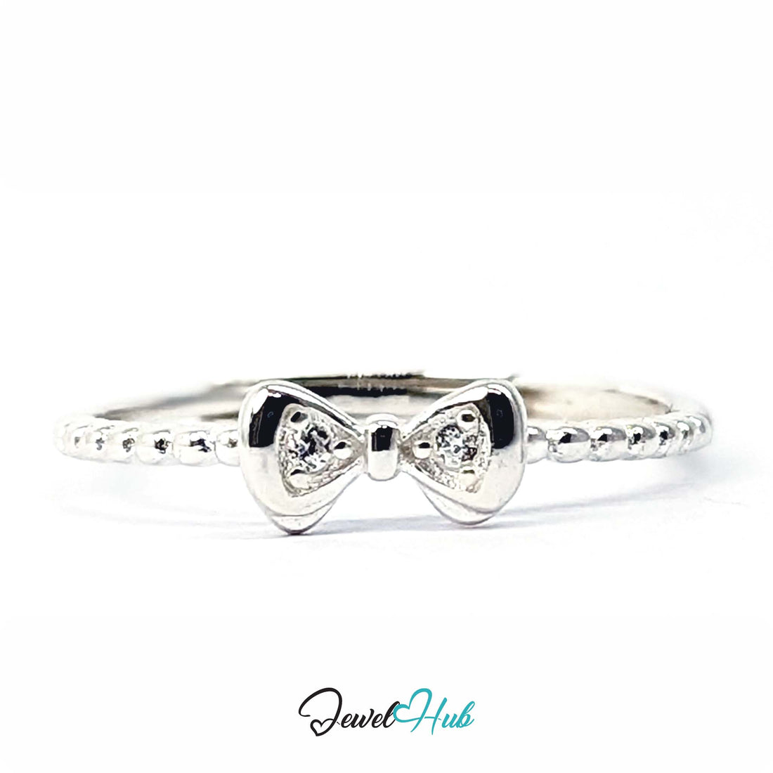 925 sterling silver bow ring with a clear crystal set in each loop - JewelHub