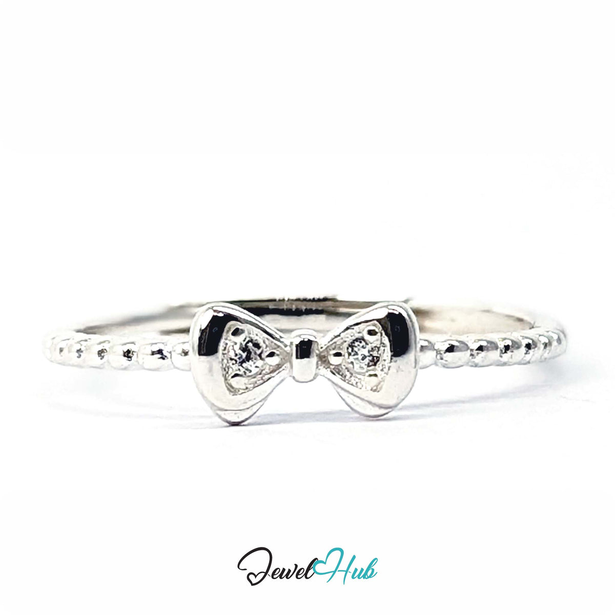 925 sterling silver bow ring with a clear crystal set in each loop - JewelHub