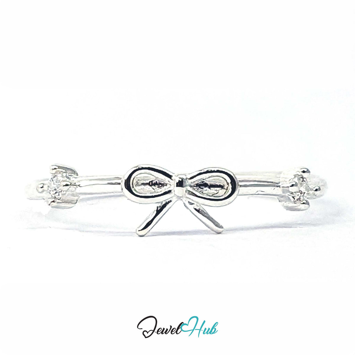 925 sterling silver open bow ring with a prong-set crystal on each side - JewelHub