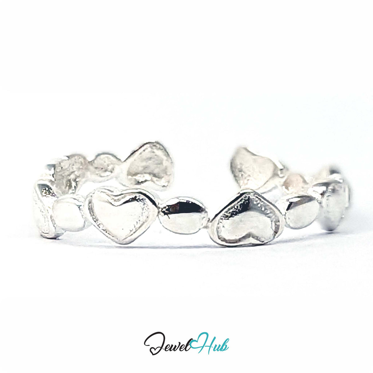 Continuous run of solid silver hearts around an adjustable 925 sterling silver band - JewelHub