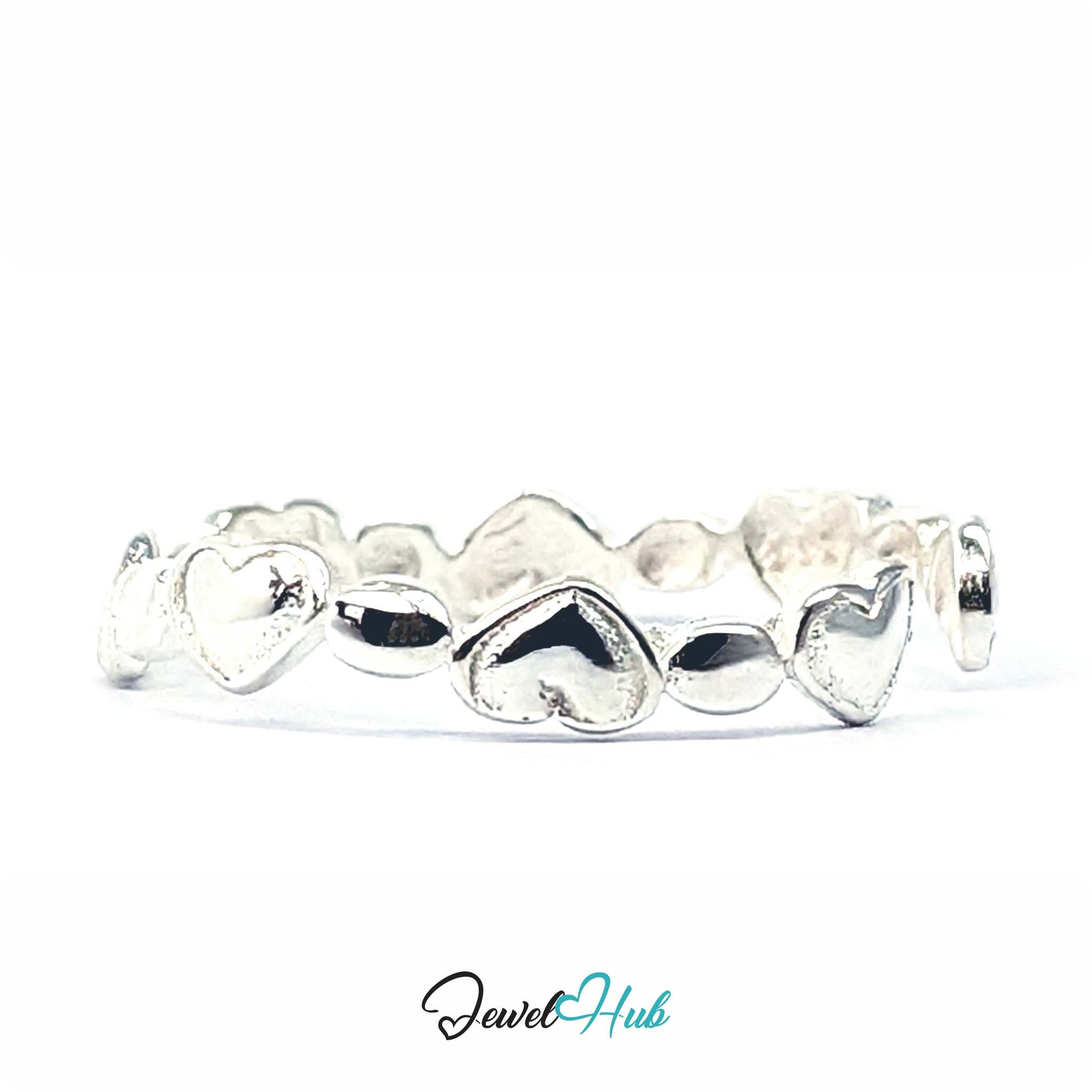 Heart band ring from above, showing hearts and beads alternating - JewelHub