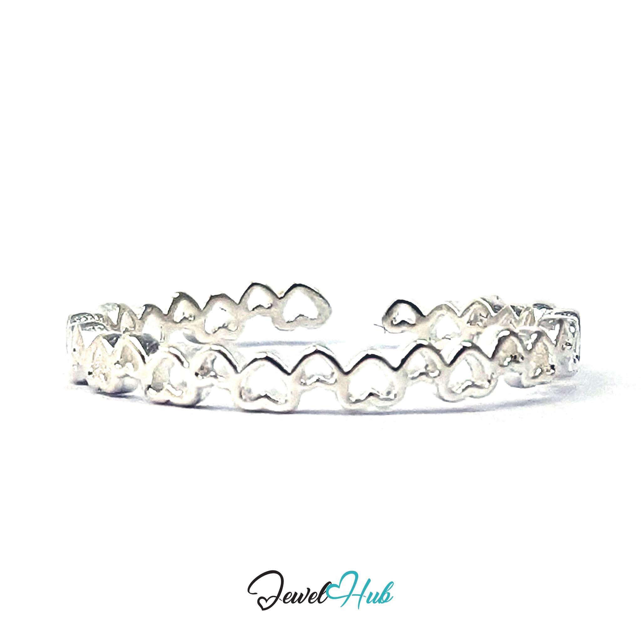 Three-quarter view of the linked open hearts eternity band in 925 sterling silver - JewelHub