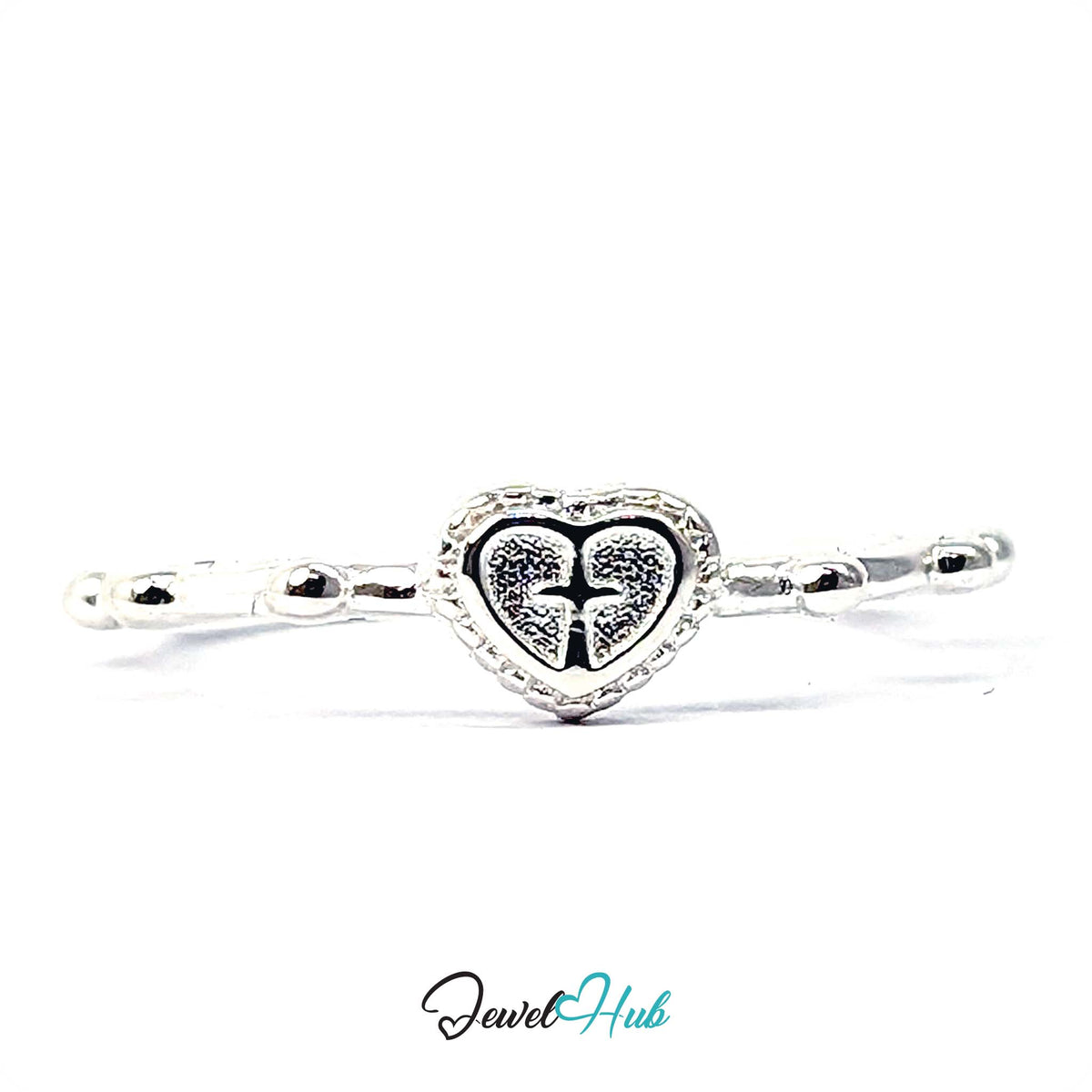 925 sterling silver ring with a cross engraved inside a beaded-rim heart - JewelHub