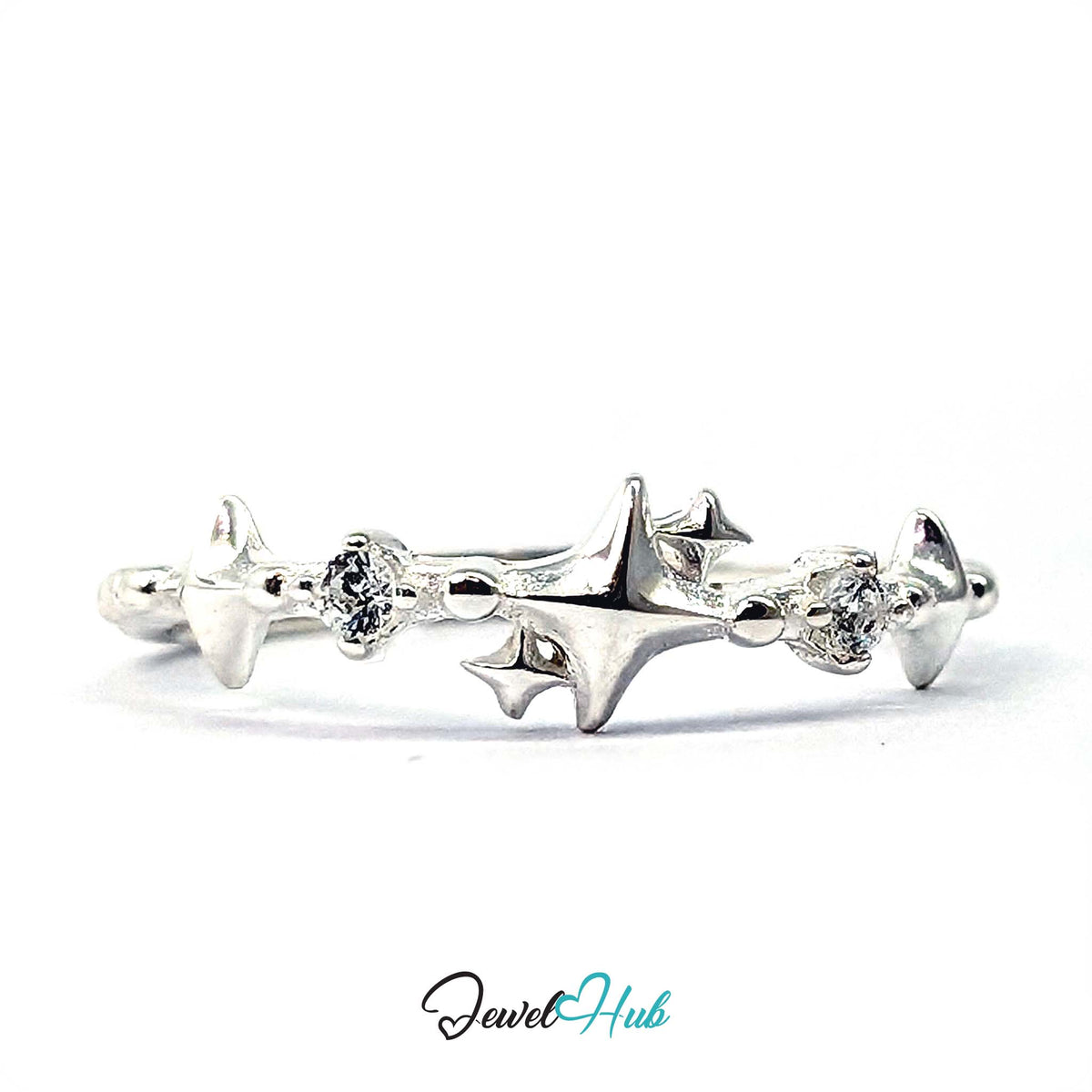999 fine silver ring with four-point stars and two prong-set crystals - JewelHub