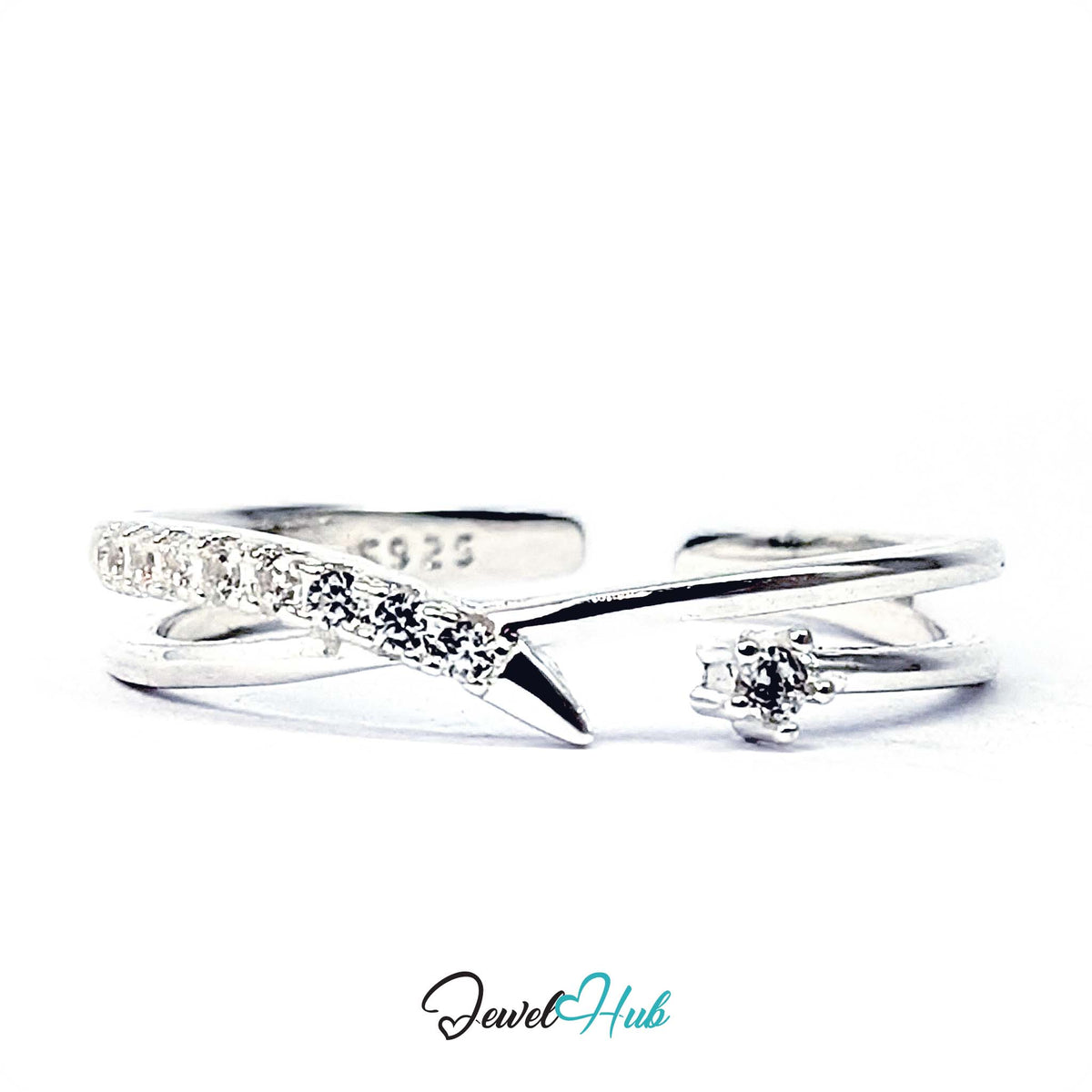 925 sterling silver crossover ring set with ten clear crystals - JewelHub
