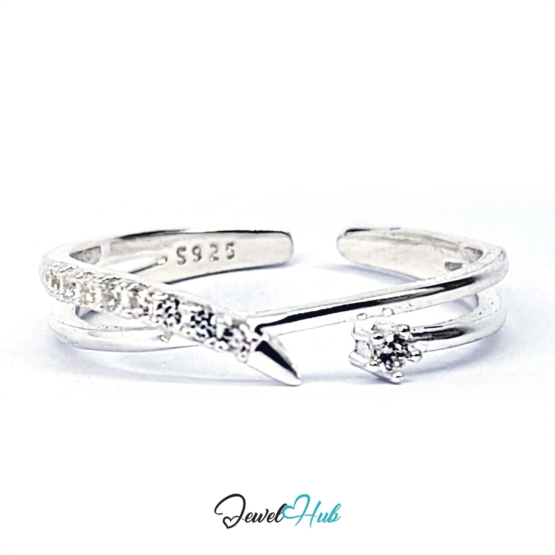 Three-quarter view of the crossover ring with the S925 stamp visible inside - JewelHub