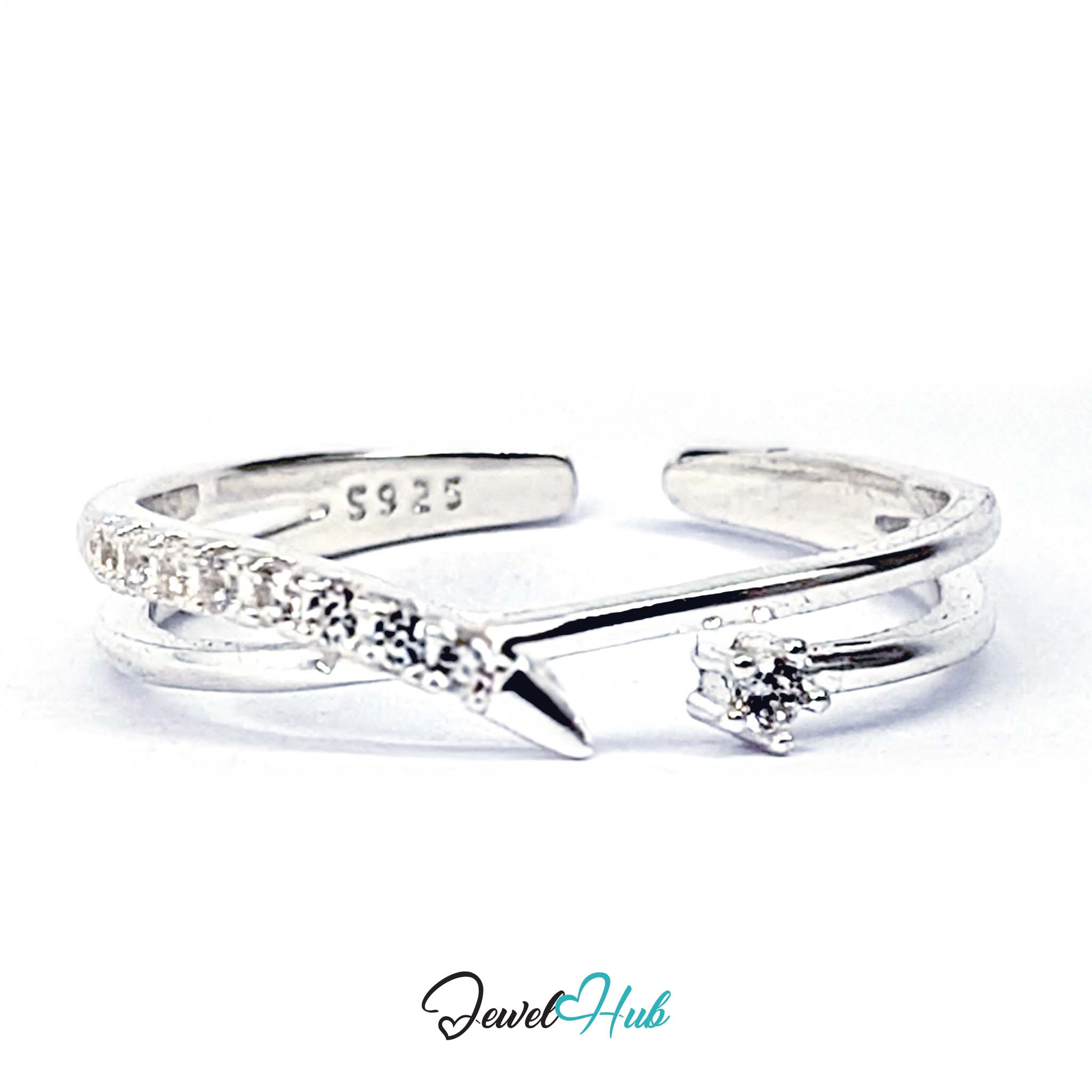 Three-quarter view of the crossover ring with the S925 stamp visible inside - JewelHub