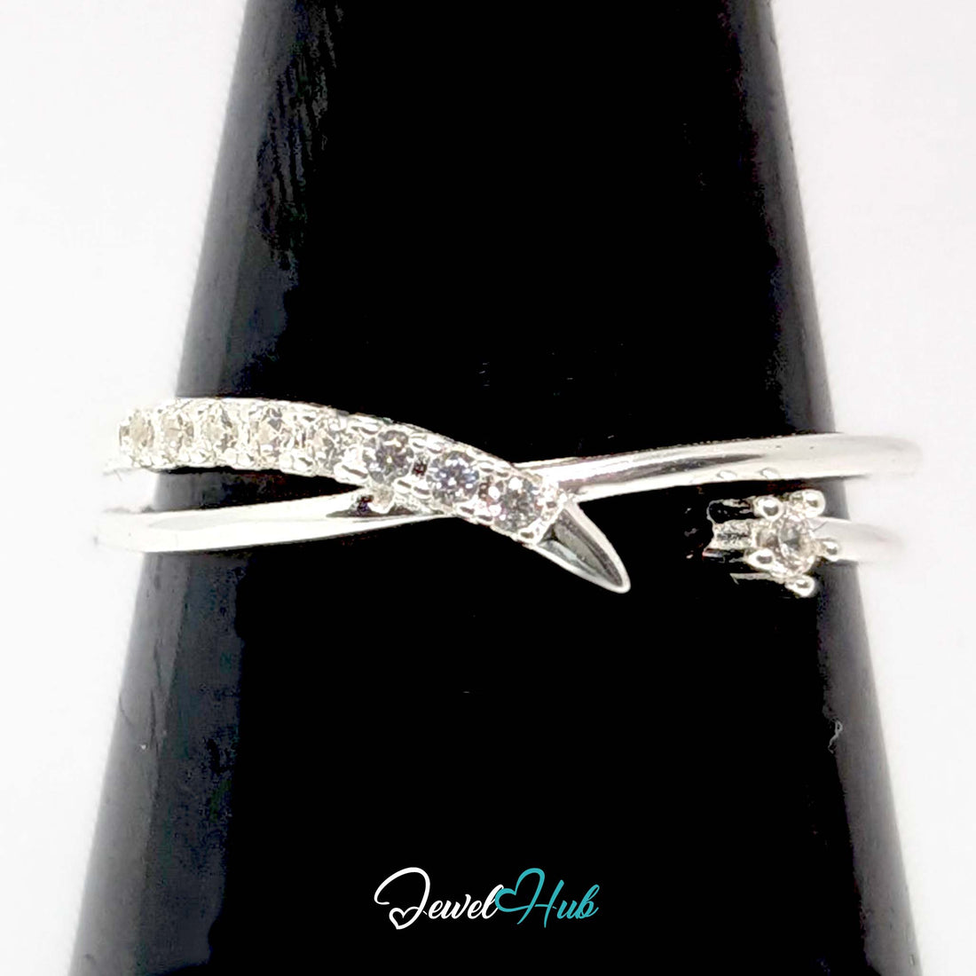 925 sterling silver crossover ring set with ten clear crystals - JewelHub