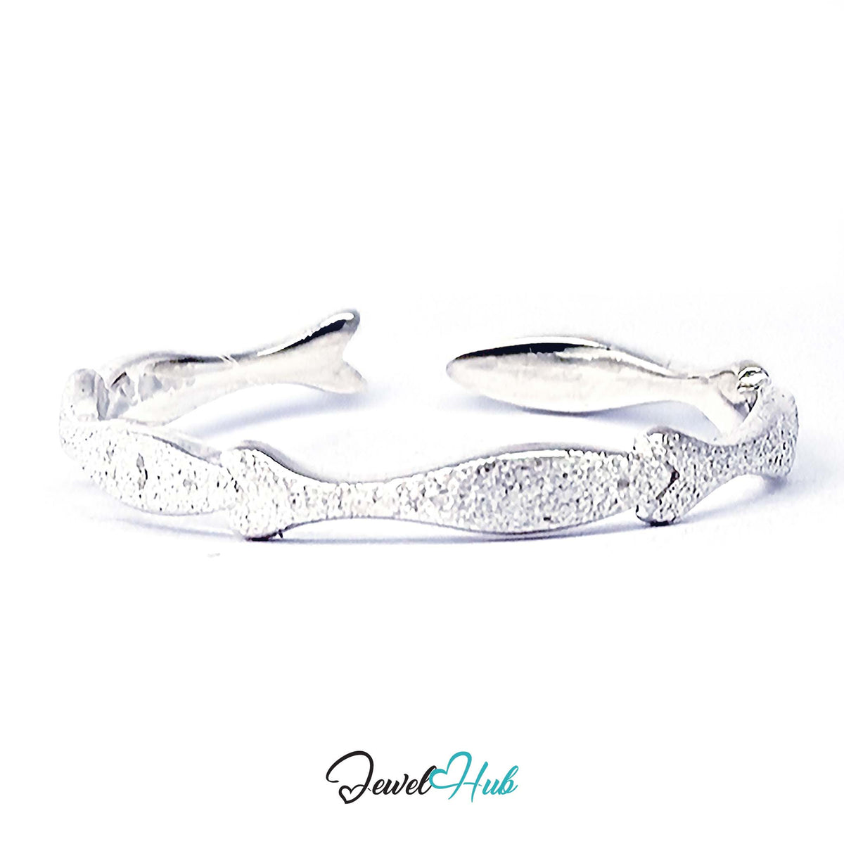 999 fine silver ring with five fish swimming nose to tail around the band - JewelHub