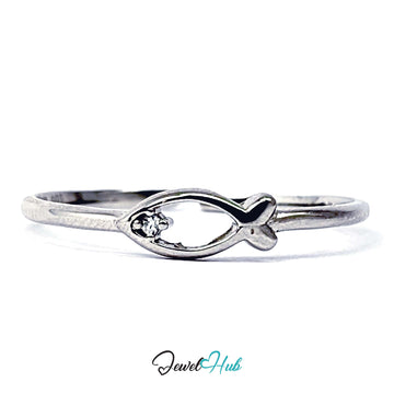 999 fine silver ring with an open fish outline and a zirconia eye - JewelHub