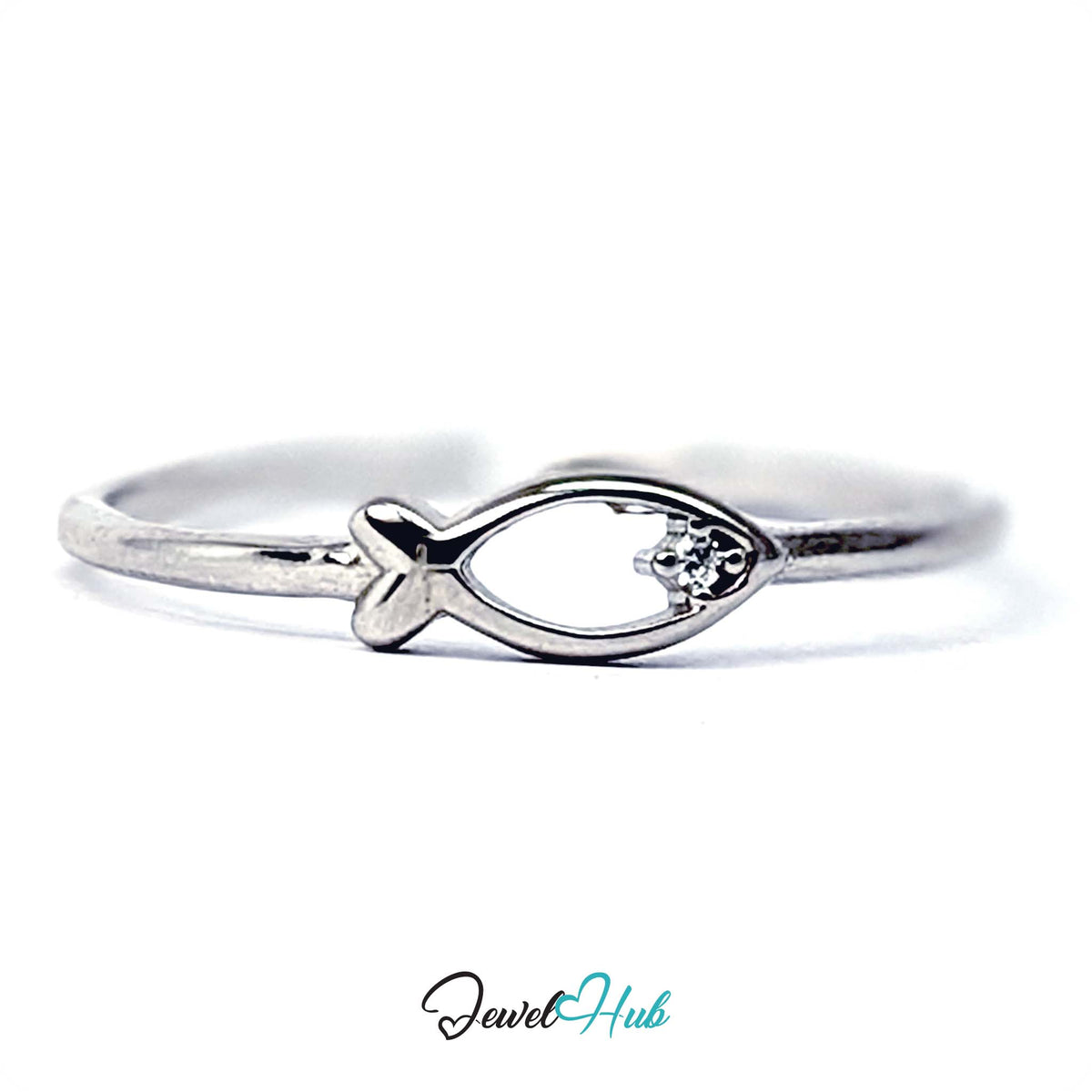 Three-quarter view of the fish outline ring in 999 fine silver - JewelHub