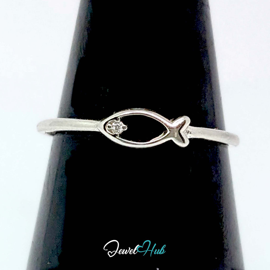999 fine silver ring with an open fish outline and a zirconia eye - JewelHub