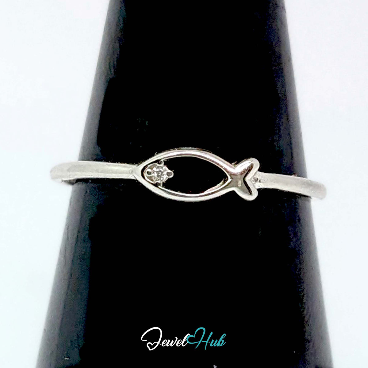 Fish outline ring on a black cone display, showing the slim plain band - JewelHub