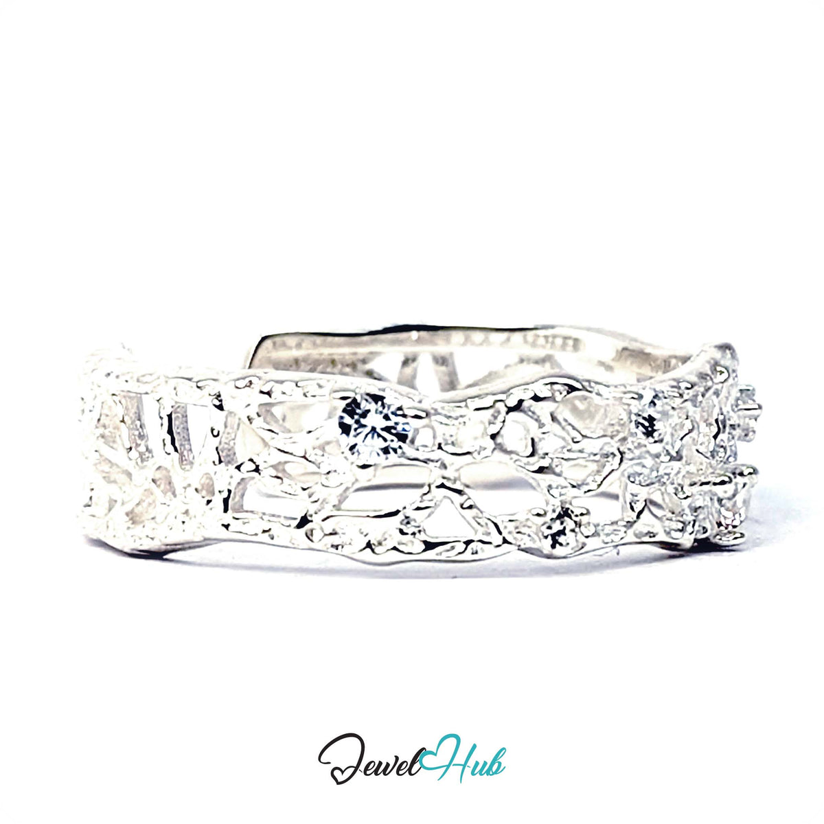 Openwork ring from the side, showing the lattice depth and set stones - JewelHub